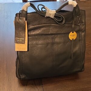 Margot New York Marcy Tote Black Peppled Leather Shoulder Bag Purse Classic